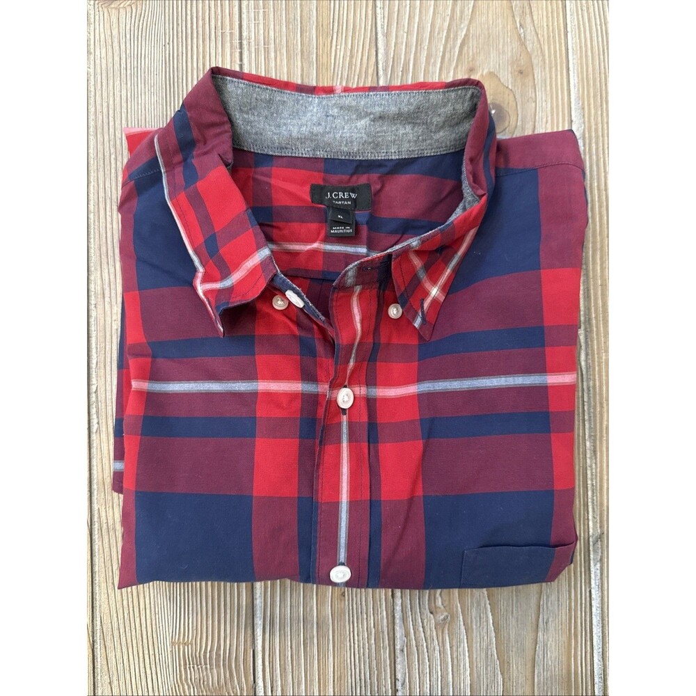 J. Crew Tartan Plaid Red Blue Button-Down Men’s Long Sleeve Shirt Red XL